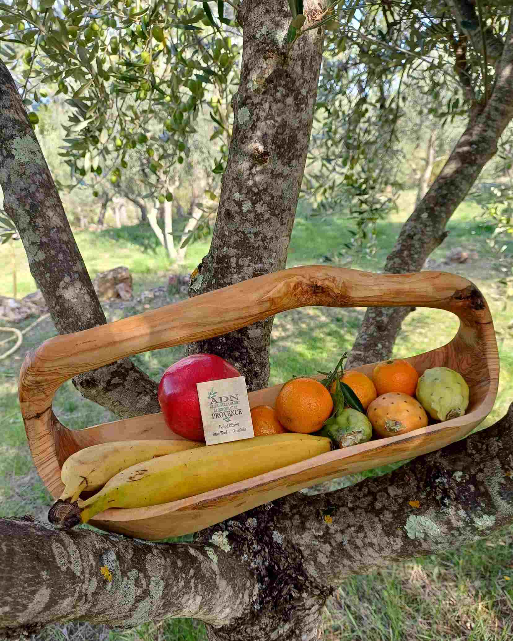 Panier à fruits avec anses en Bois d’Olivier 42x16xH20 cm env.