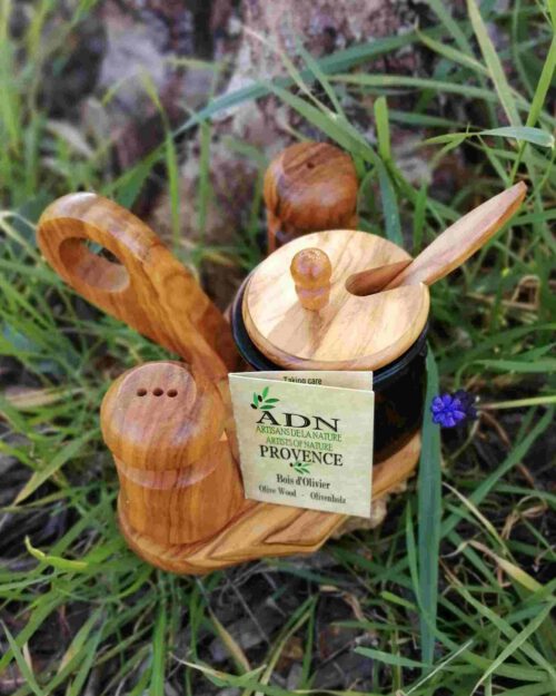 Assaisonnement 3 pièces en Bois d'Olivier pot en verre