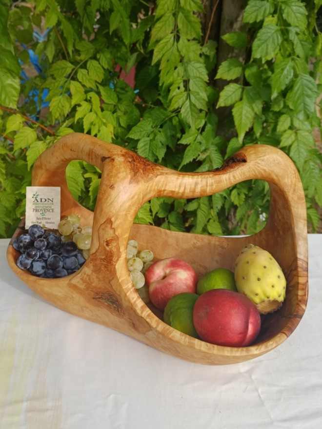 Panier à fruits avec anses en Bois d’Olivier 36x19xH22 cm env.