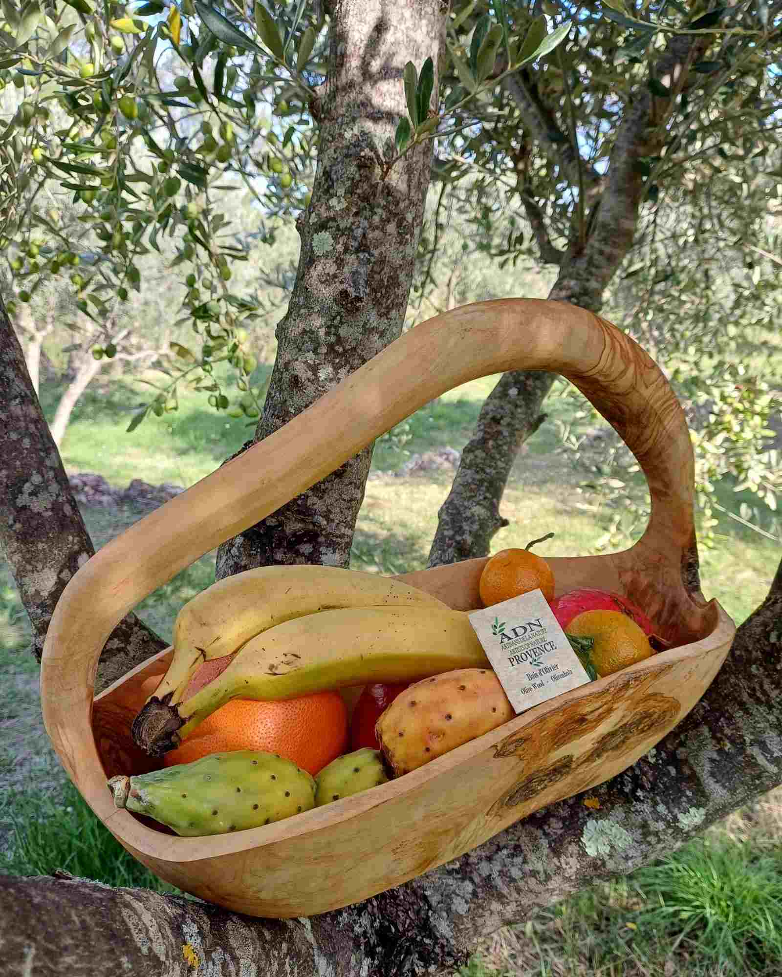 Panier à fruits avec anses en Bois d’Olivier 39x22xH28 cm env.