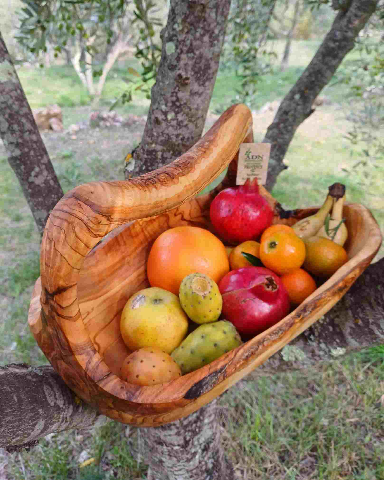 Panier à fruits avec anses en Bois d’Olivier 40×20-28xH26 cm env.
