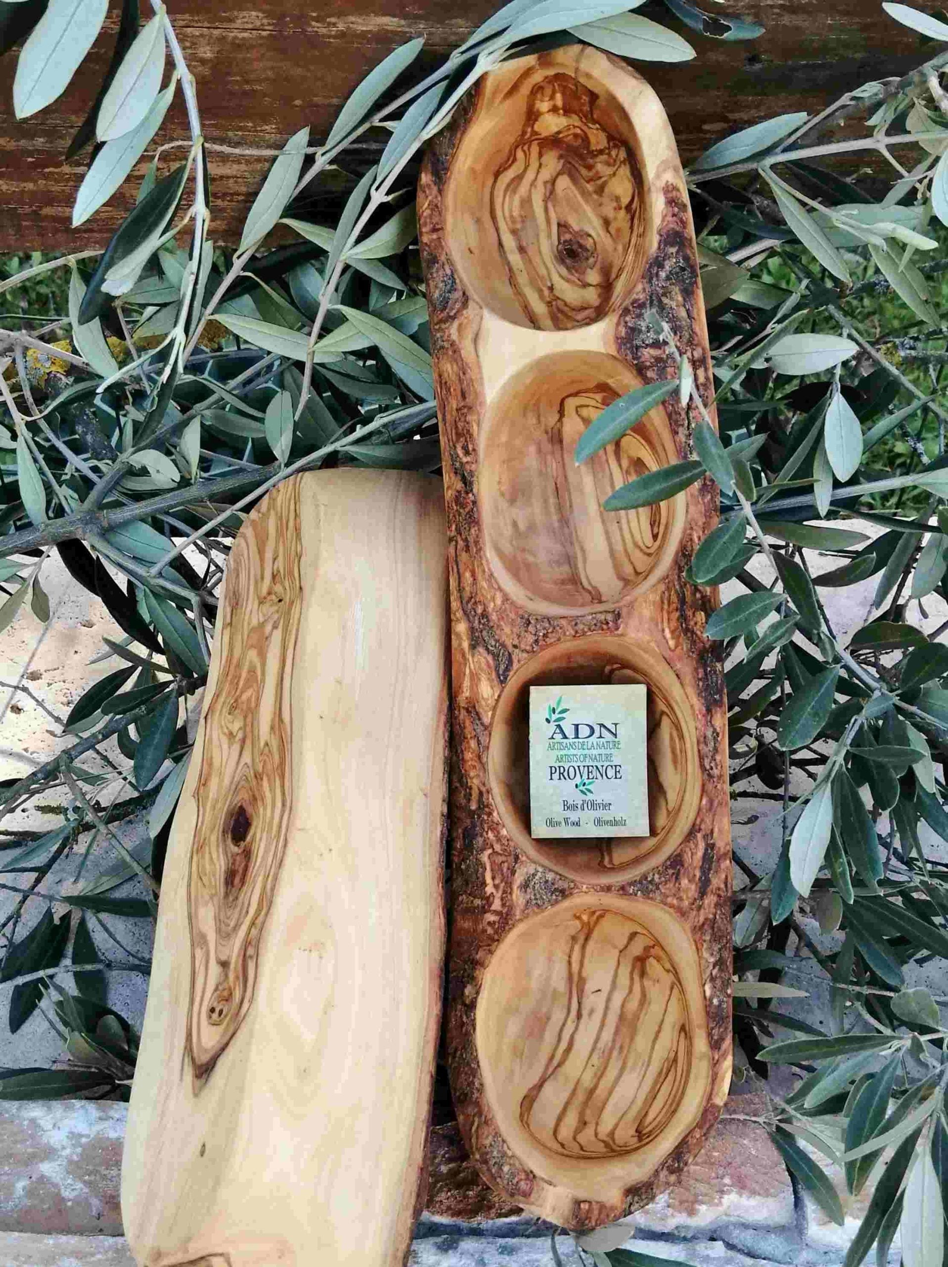 Ravier rustique long 4 compartiments en Bois d’Olivier