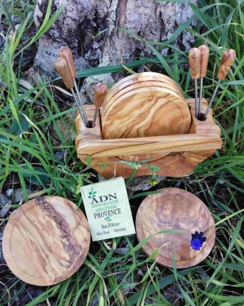 Set de 6 sous-verres + 6 pics en Bois d'Olivier
