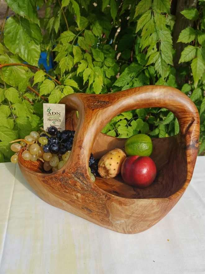 Panier à fruits avec anses en Bois d’Olivier 31x24xH20 cm env.