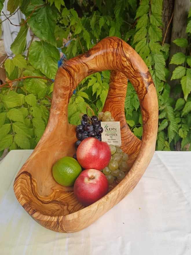 Panier à fruits avec anses en Bois d’Olivier 33x20xH30 cm env.