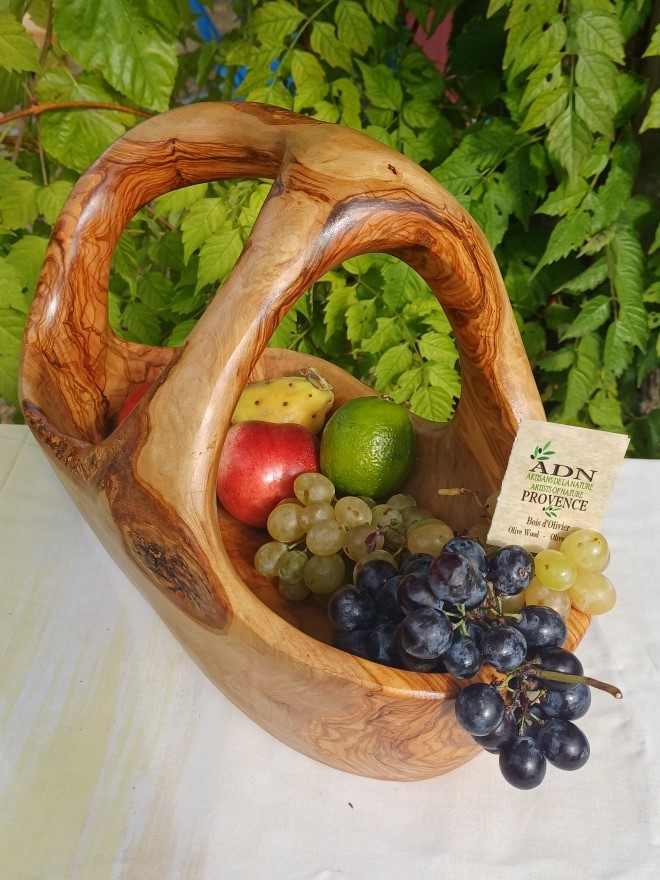 Panier à fruits avec anses en Bois d’Olivier 35x19xH23 cm env.
