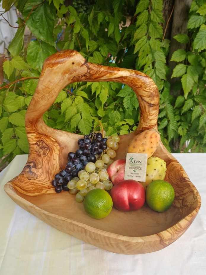 Panier à fruits avec anses en Bois d’Olivier 36x30xH31 cm env.