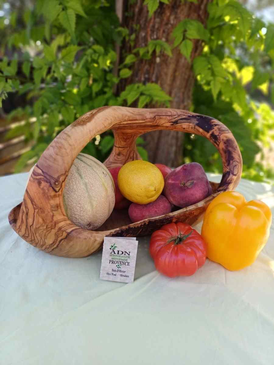 Panier à fruits avec anses en Bois d’Olivier 38x22xH20 cm env.