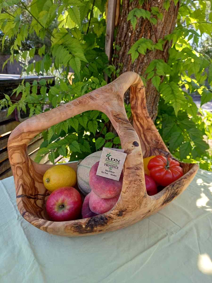 Panier à fruits avec anses en Bois d’Olivier 43x27xH33 cm env.